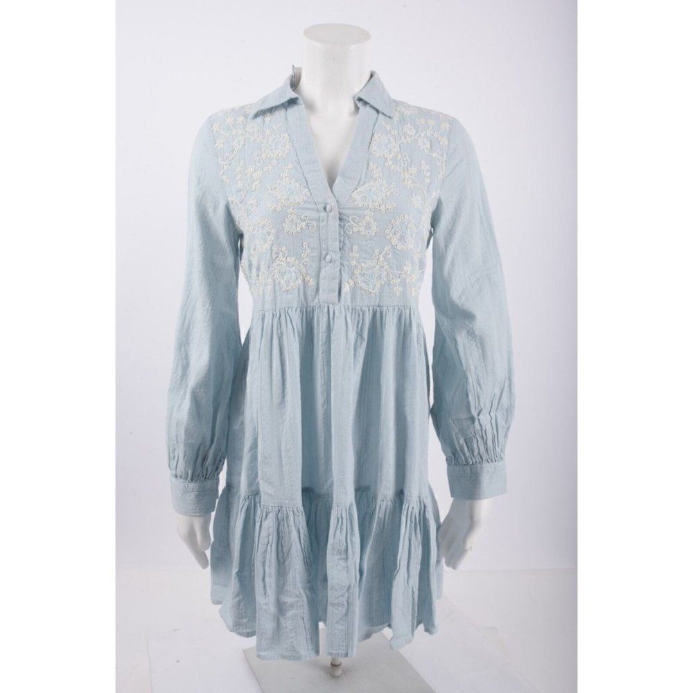 Zara Womens Embroidered Mini Dress XS Blue Collared Long Sleeve 5598/222 NWT